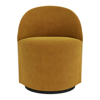Sleek mustard yellow accent chair with a rounded silhouette and subtle velvet texture against a black base.
