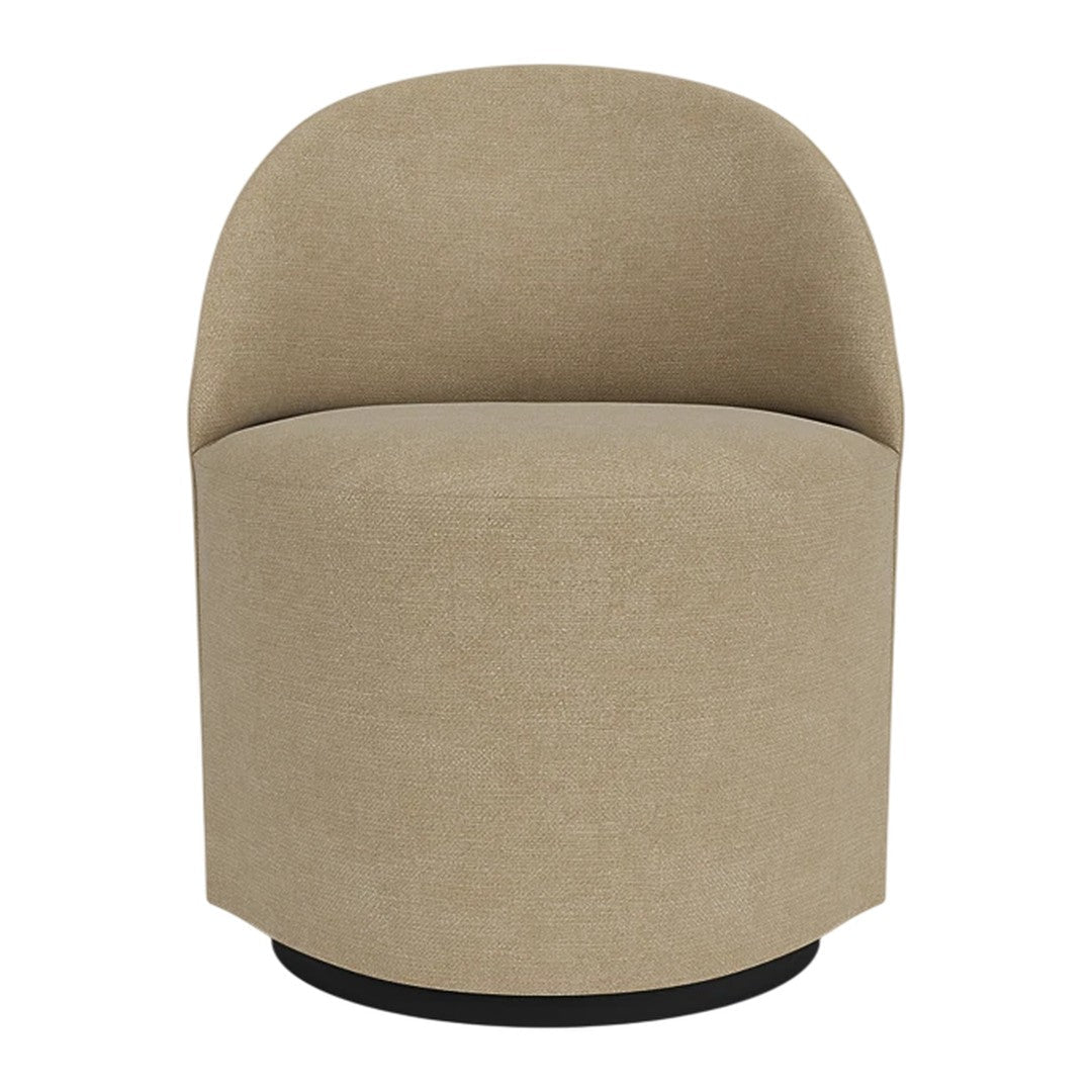 Beige upholstered accent chair with a smooth, minimalist design and curved backrest. Perfect for modern decor.