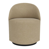 Beige upholstered accent chair with a smooth, minimalist design and curved backrest. Perfect for modern decor.