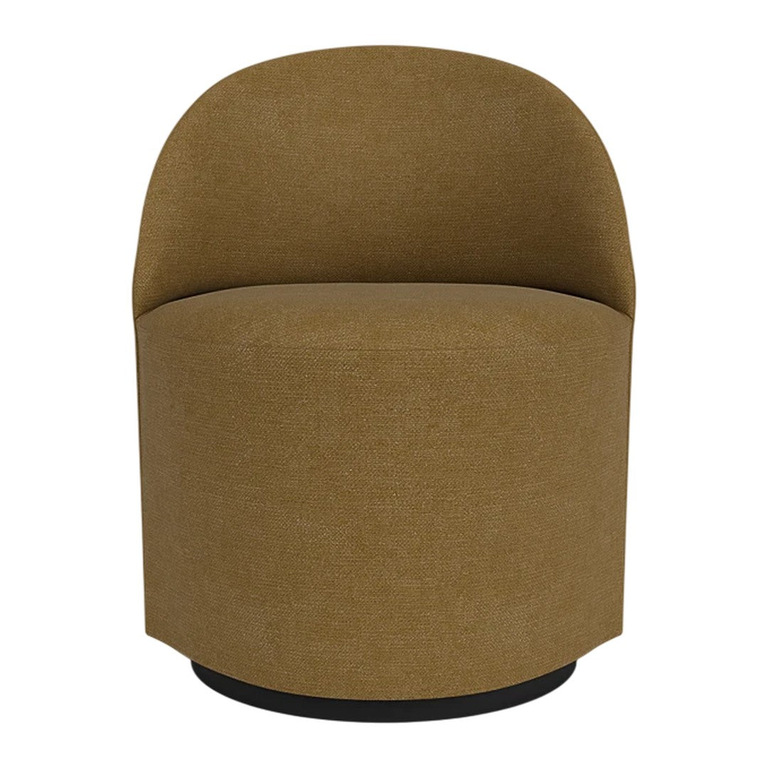 Brown upholstered swivel chair with a smooth, minimalist design and rounded backrest. Ideal for modern decor.