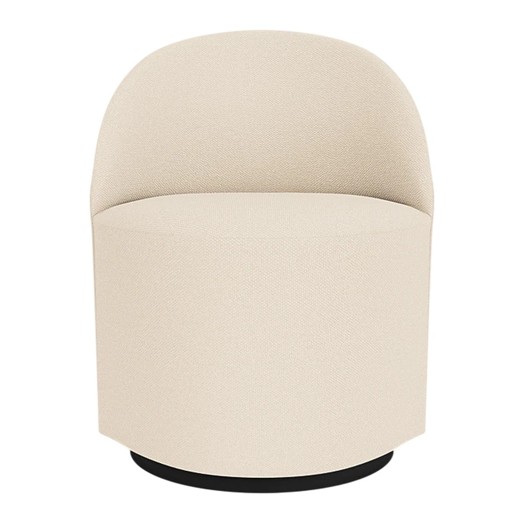 Cream-colored, minimalist round chair with a smooth texture and a black circular base. Perfect for modern decor.