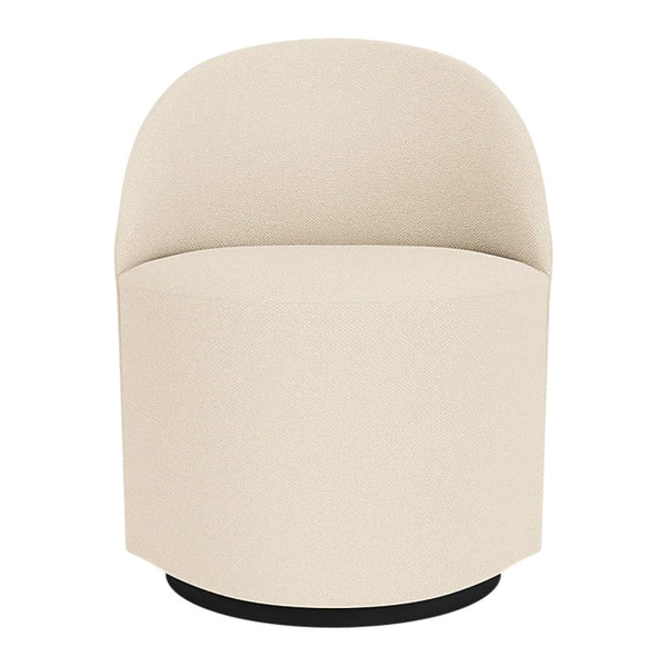 Cream-colored, minimalist round chair with a smooth texture and a black circular base. Perfect for modern decor.