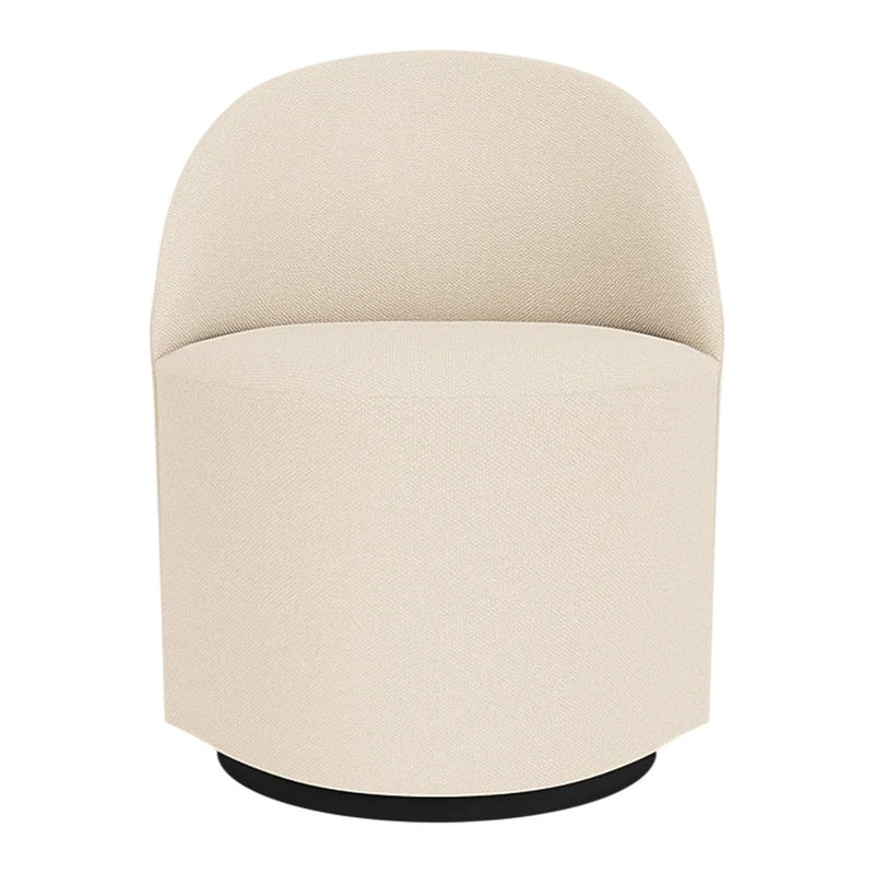 Cream-colored, minimalist round chair with a smooth texture and a black circular base. Perfect for modern decor.