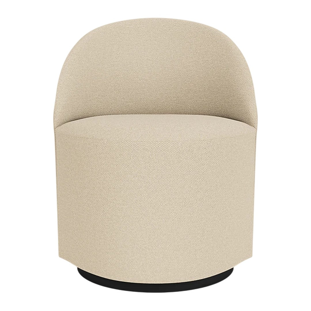 Beige round accent chair with smooth fabric and minimalistic design, featuring a curved back and no distinct patterns.