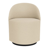 Beige round accent chair with smooth fabric and minimalistic design, featuring a curved back and no distinct patterns.
