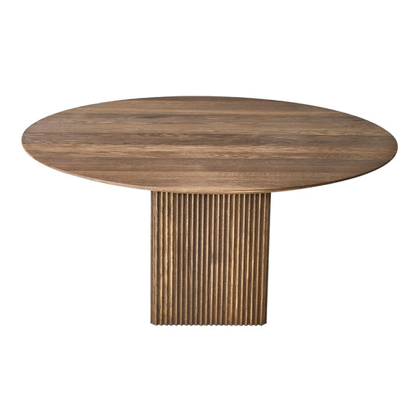 Round wooden dining table featuring a rich brown color with subtle striped texture on the pedestal base.