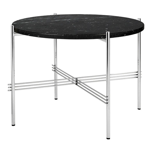 Black round marble tabletop with speckles and sleek silver metal legs, combining modern elegance and minimalist design.