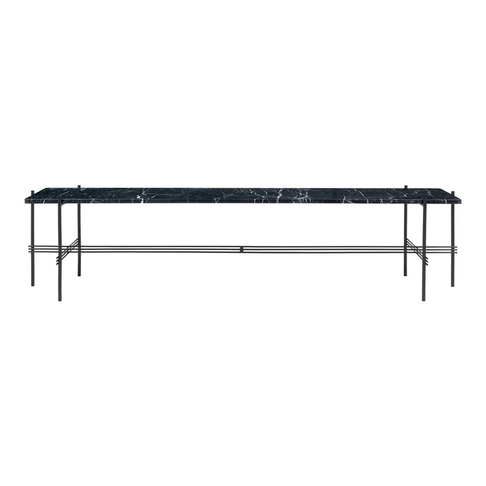 Black marble console table with striking white veining and sleek metal legs. Modern design for contemporary decor.