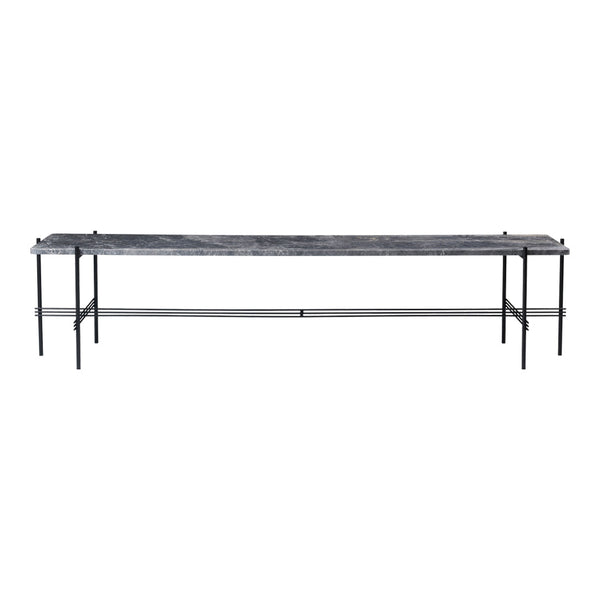 "Long gray marble bench tabletop with black metal legs, featuring a sleek, minimalist design."