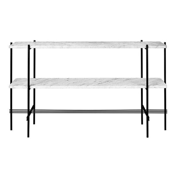 Modern three-tier shelf featuring a white marble pattern with sleek black metal accents. Perfect for any decor.