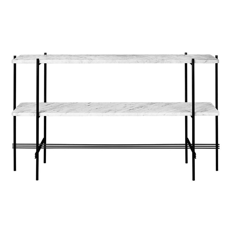 Modern three-tier shelf featuring a white marble pattern with sleek black metal accents. Perfect for any decor.