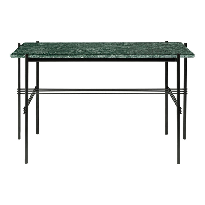 Green marble tabletop with black metal legs, sleek modern design, perfect for contemporary spaces.