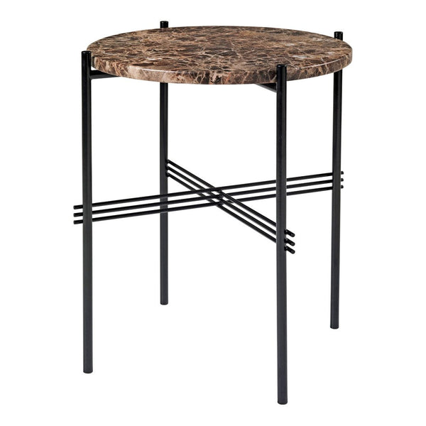Round marble-top side table featuring brown and black patterns with sleek black metal legs.
