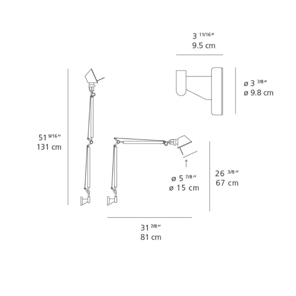 Illustration of a modern wall-mounted lamp with a sleek black finish and adjustable arm design.