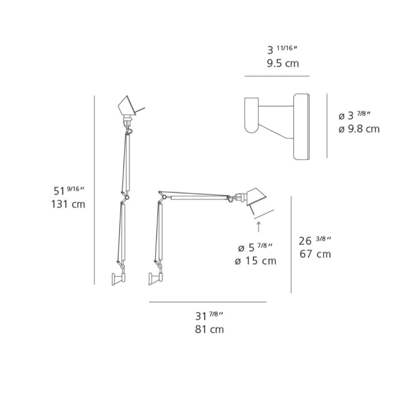 Illustration of a modern wall-mounted lamp with a sleek black finish and adjustable arm design.