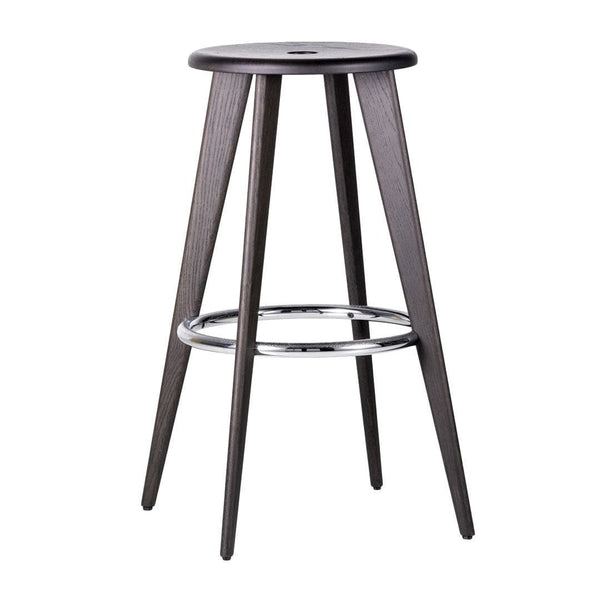Dark wood bar stool with natural finish, featuring sleek, tapered legs and a simple chrome footrest.