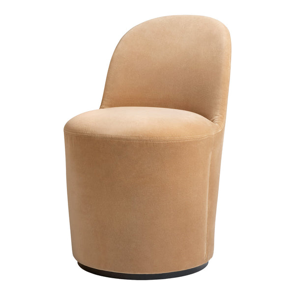 Beige upholstered accent chair with a smooth, curved design and a sleek black base, ideal for modern decor.