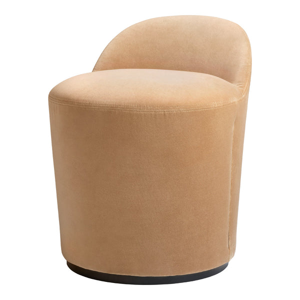 Soft beige velvet upholstered chair with a smooth, rounded silhouette and a black circular base.