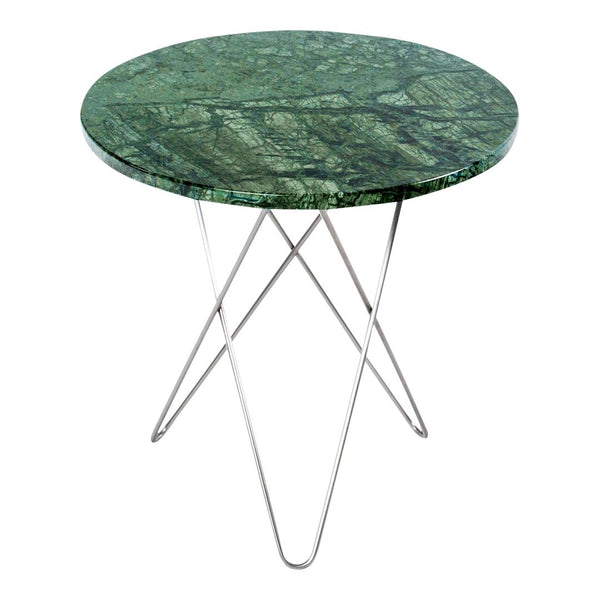 Round green marble side table with intricate dark veining and sleek silver legs. Perfect for modern decor.