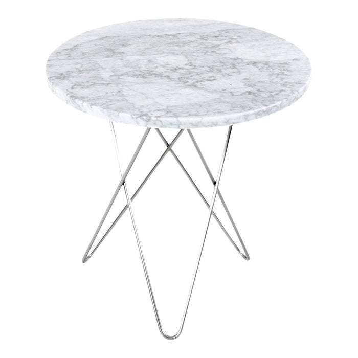 Round marble top table with gray and white swirling patterns, complemented by sleek silver tripod legs.