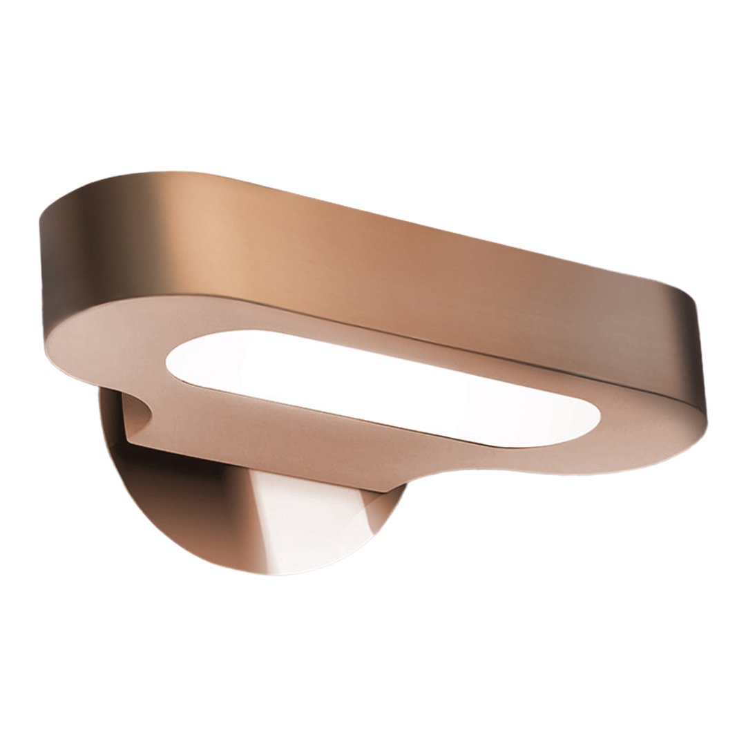 Sleek bronze wall light with a smooth, modern design and an oval white illumination panel.