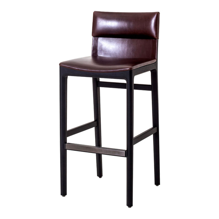 Brown leather bar stool with a sleek black frame and minimalist design, featuring a smooth, matte finish.