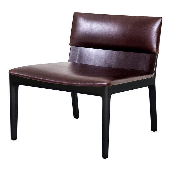 "Modern chair in rich brown leather with a sleek black frame and a minimalist design."