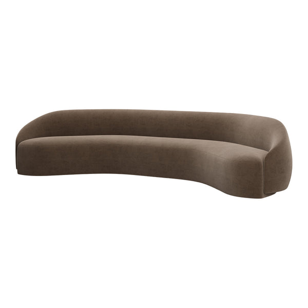 Curved brown velvet sofa with a smooth, textured surface, perfect for modern living spaces.