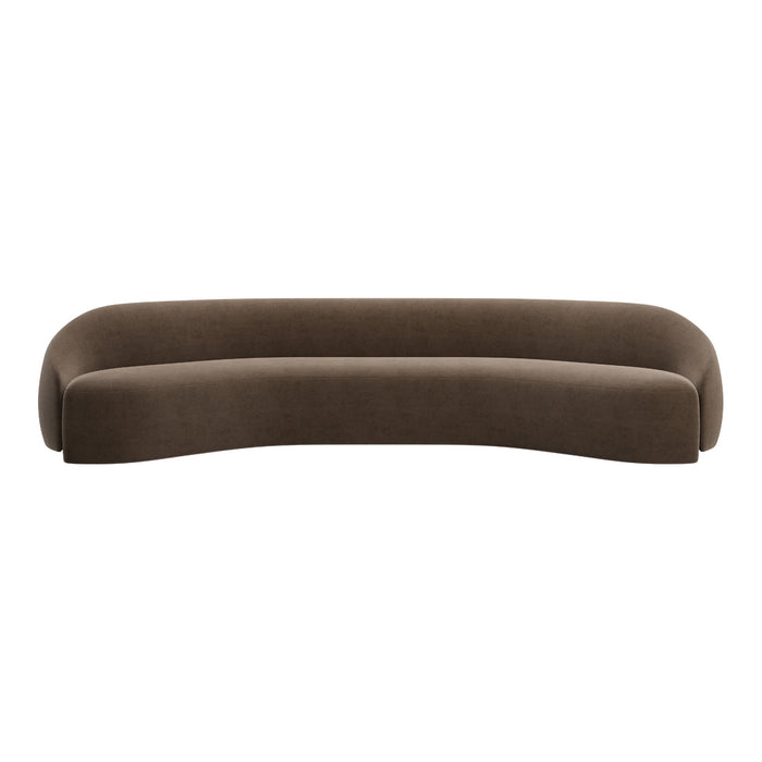 Brown curved sofa with a smooth, textured fabric finish, perfect for modern home decor.