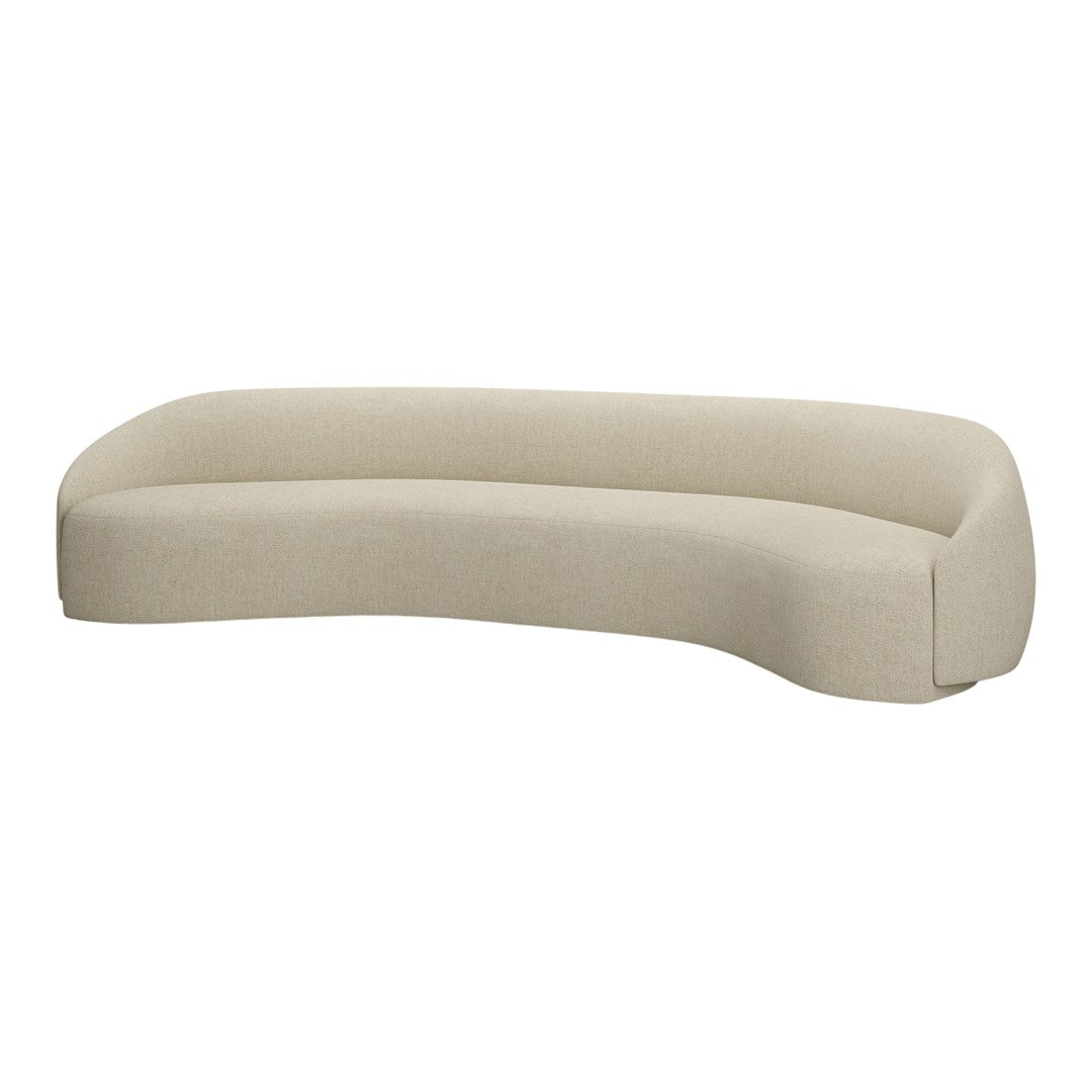 Curved beige sofa with a smooth texture, featuring a minimalist design and soft, neutral color palette.