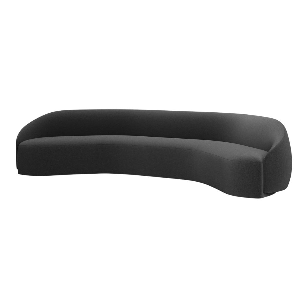 Curved black sofa with a smooth, minimalist design for modern interiors. Perfect for stylish living spaces.
