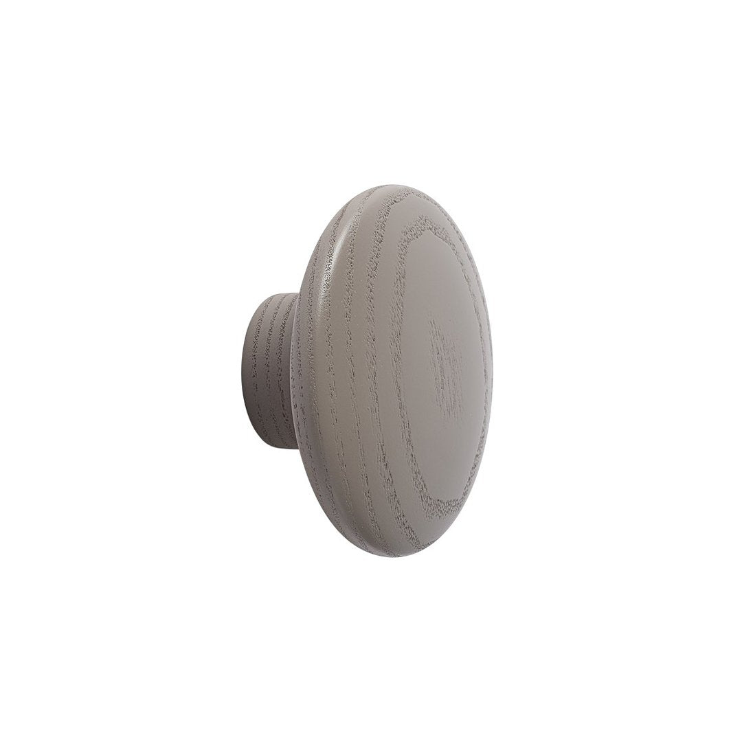 Grey wooden knob with a smooth, round shape and subtle wood grain pattern. Perfect for modern home decor.
