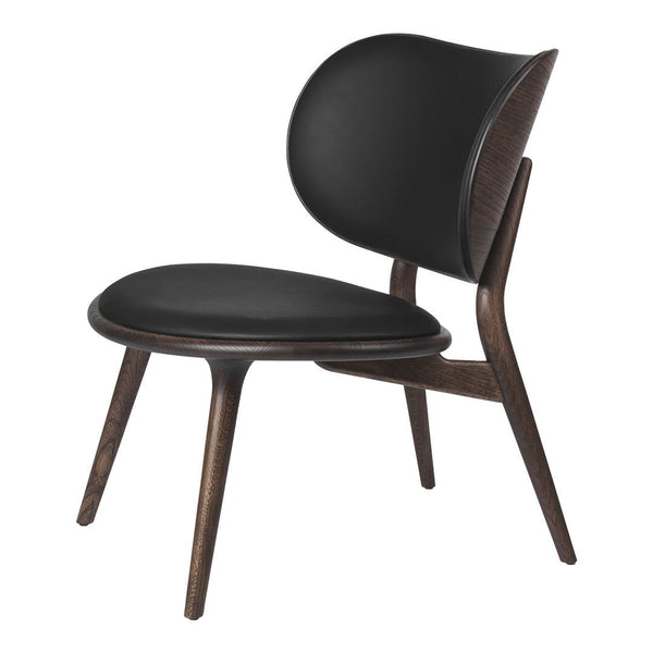 Mid-century modern chair in sleek black leather with rich dark wood accents, featuring smooth, curved lines and minimalistic design.
