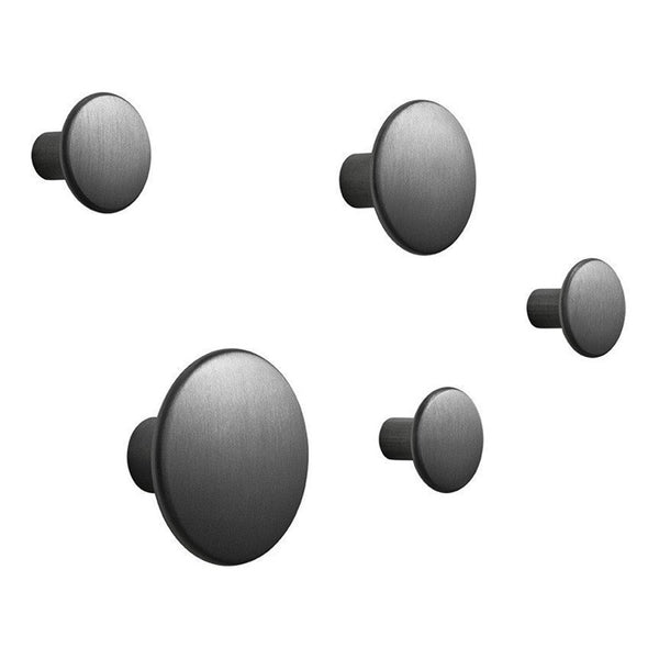 Set of five matte black round wall hooks in various sizes, featuring a sleek, modern design for versatile decor.