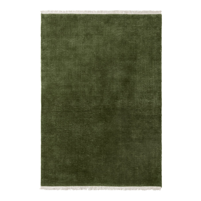 Solid olive green rug with a soft texture and subtle fringe detailing. Perfect for adding a touch of elegance.