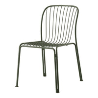 "Minimalist green metal chair with sleek vertical stripes and a modern design for indoor or outdoor use."