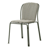 Stylish chair with a gray and cream geometric woven pattern and a sleek green metal frame. Ideal for modern decor.