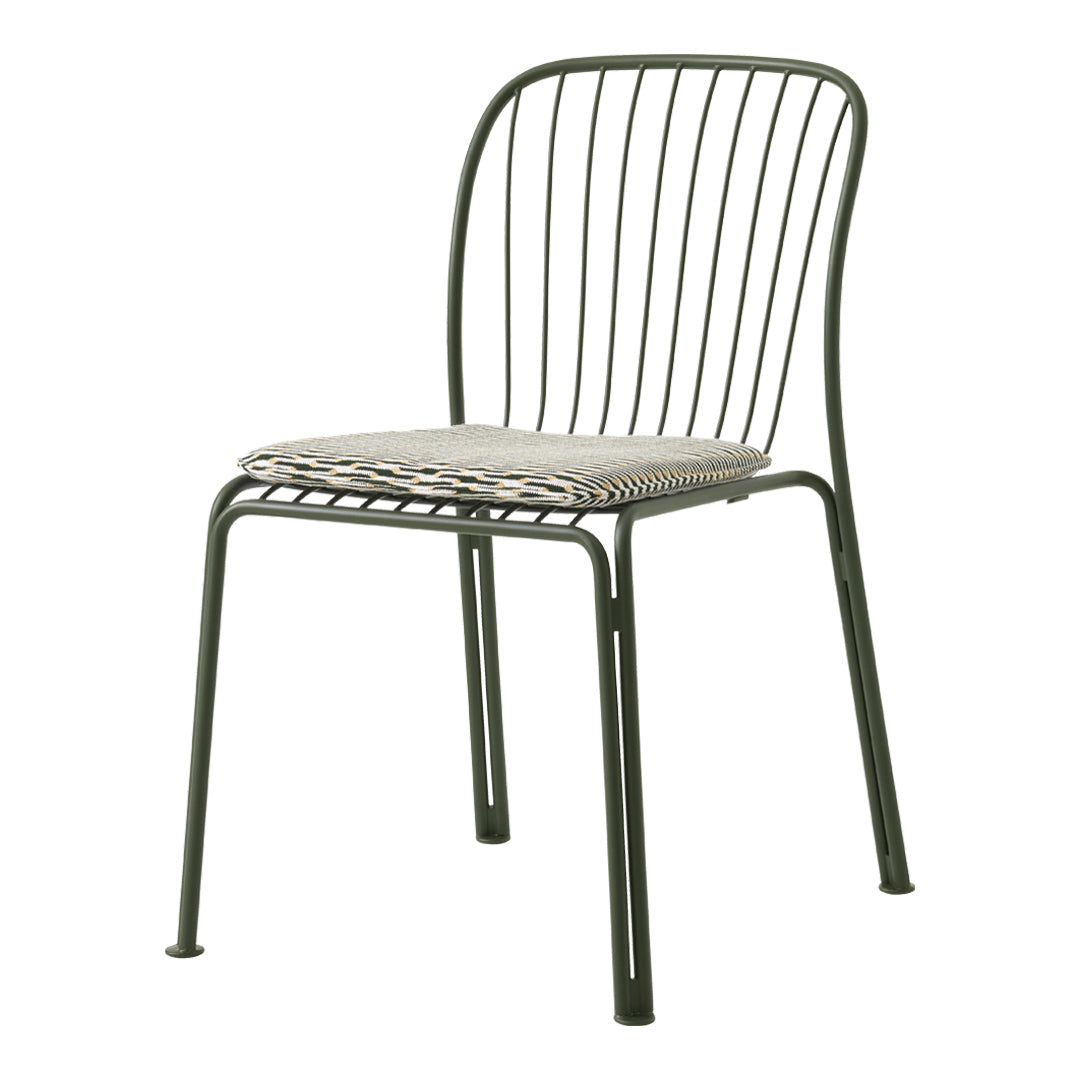 Green metal chair with a striped woven seat in beige and brown tones, showcasing a modern, minimalist design.