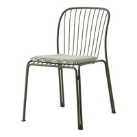 Green metal chair with a striped woven seat in beige and brown tones, showcasing a modern, minimalist design.