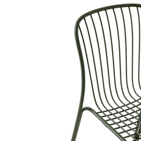 Green wire chair with a sleek, modern design featuring vertical and horizontal lines. Perfect for contemporary decor.
