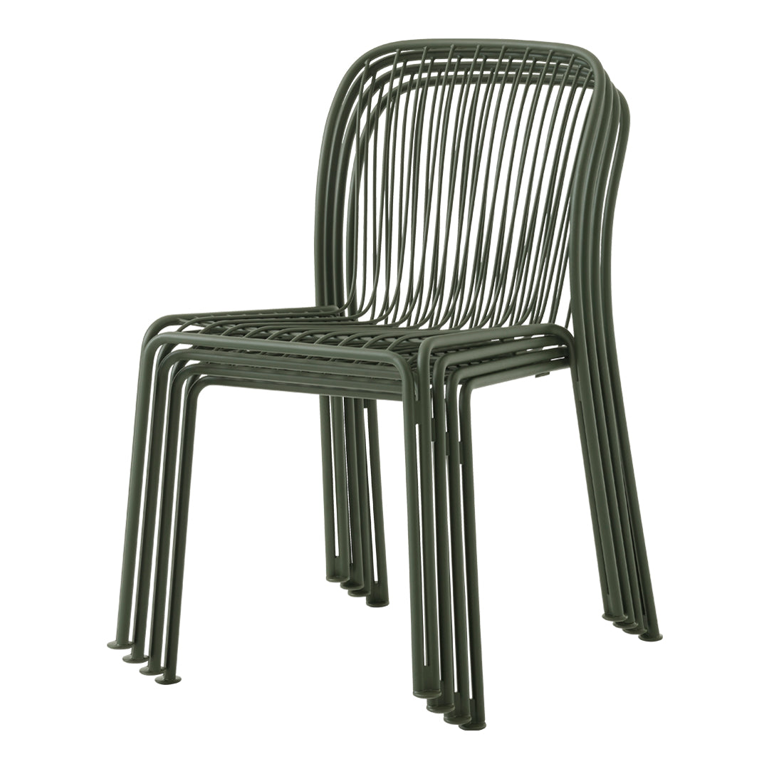 Green stacked chair with sleek, curved lines and a modern, minimalistic design. Perfect for outdoor or indoor use.