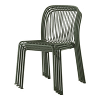 Green stacked chair with sleek, curved lines and a modern, minimalistic design. Perfect for outdoor or indoor use.