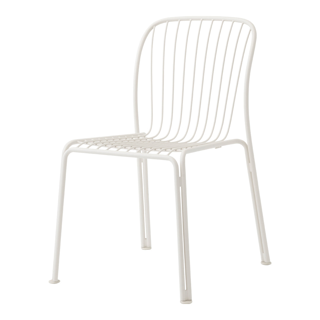 White metal chair with sleek, slender lines and an open, minimalist design perfect for modern decor.