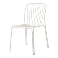 White metal chair with sleek, slender lines and an open, minimalist design perfect for modern decor.