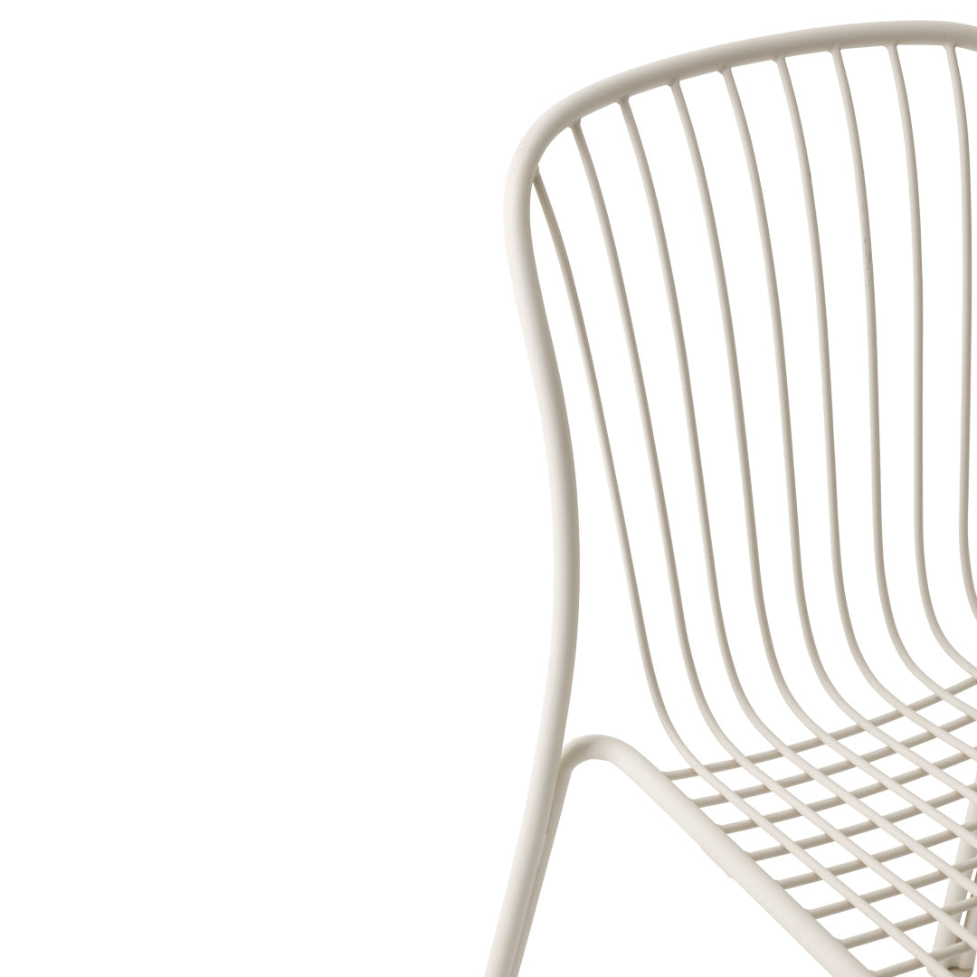 Light beige wire chair with sleek vertical lines and grid pattern, perfect for modern decor.