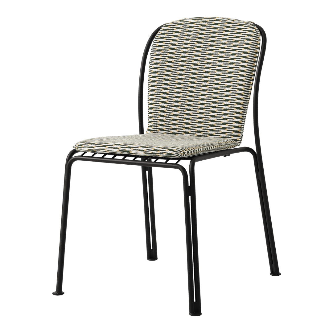 Black metal chair with a woven seat in a geometric pattern of beige, green, and navy blue. Perfect for modern decor.