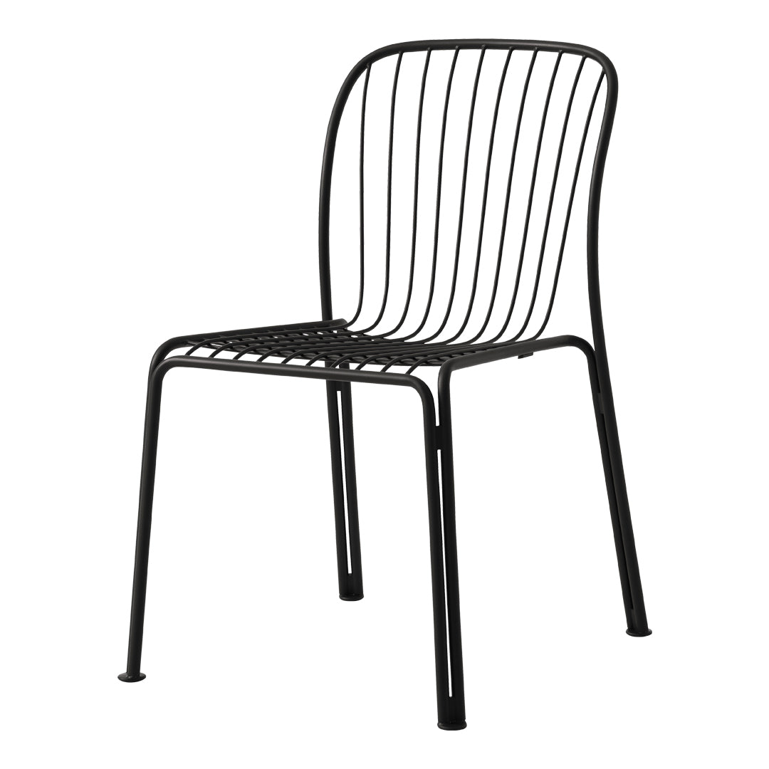 Black metal chair with contemporary striped pattern, featuring sleek lines and minimalist design ideal for modern spaces.