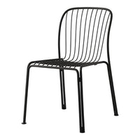 Black metal chair with contemporary striped pattern, featuring sleek lines and minimalist design ideal for modern spaces.