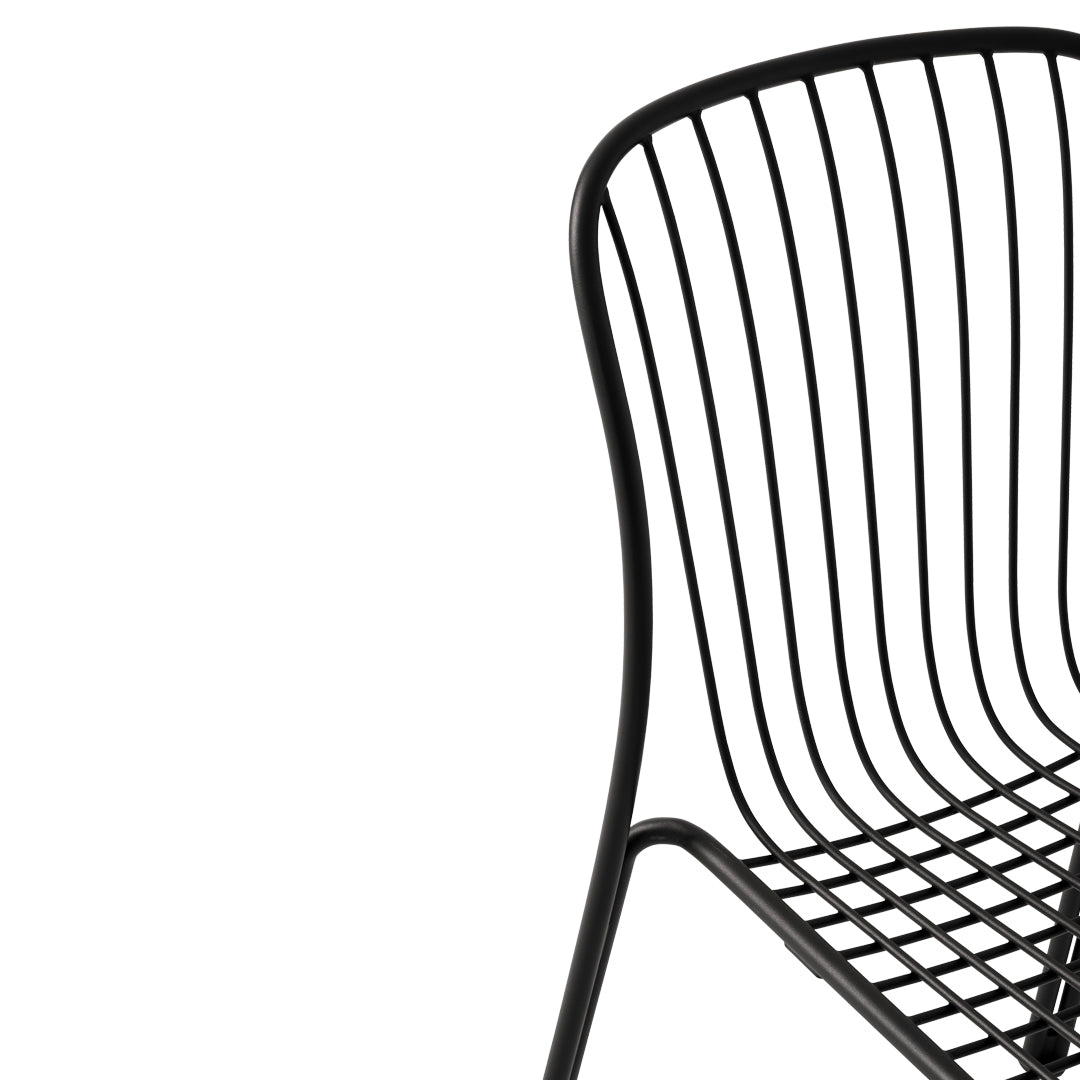 Black wire chair with a modern vertical and grid pattern, showcasing sleek lines and minimalist design.