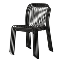 Black stacking chair with sleek, linear design and open, curved backrest pattern. Perfect for modern spaces.